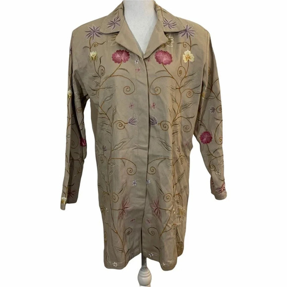 J. Marco Womens Shirt Dress Tan Embroidered Pink Flowers Small Collared - Picture 1 of 8